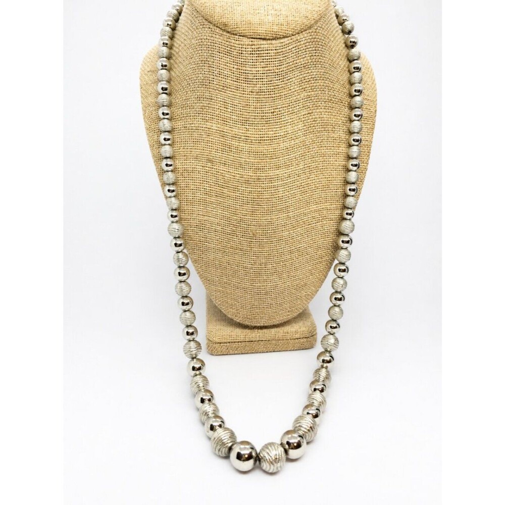 VINTAGE SILVER TONE NECKLACE Korea Graduated Bead Ball 1970s Boho Statement 29"